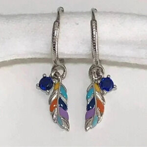 Native Colorful Feather 925 Sterling Silver Crystal Hoop Earrings New